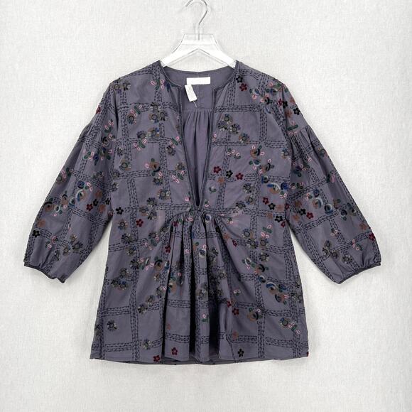 NICOLE FARHI Embroidered Top Womens 6 Gray Floral Print 3/4 Sleeve Split neck - Picture 1 of 13